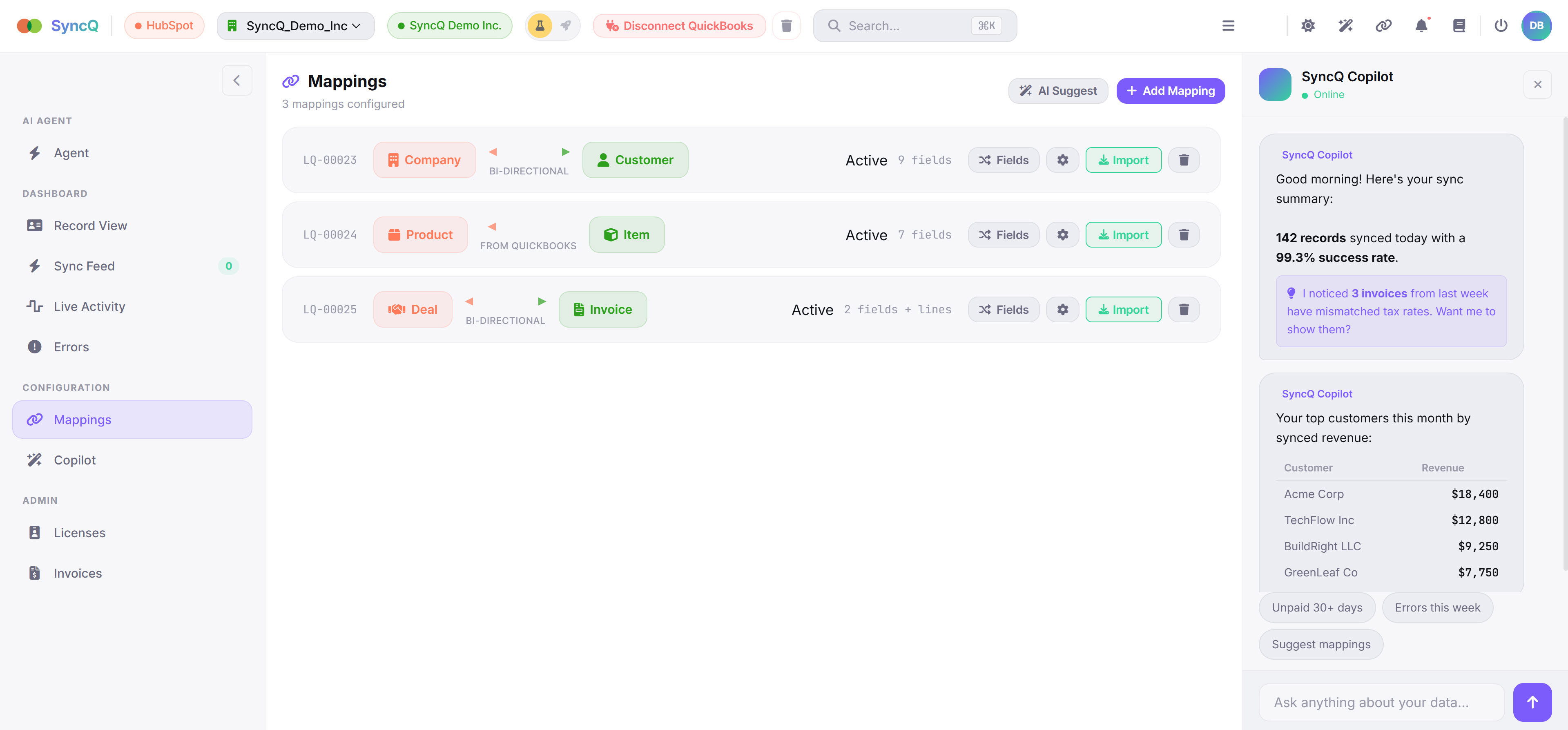 SyncQ entity mappings dashboard with AI Copilot